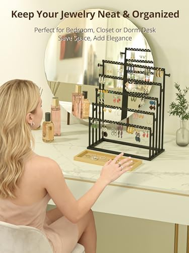Earring Holder Organizer, 5-Tier Step Jewelry Display Stand with Metal Frame and Wooden Storage Organizer, Large Earring Holder for Studs, Hoops, Dangles, Modern Jewelry Organizer for Women - Image 5