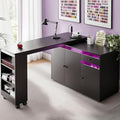 L-Shaped Manicure Table with Large Storage & LED Light (Black) by HolaiNail