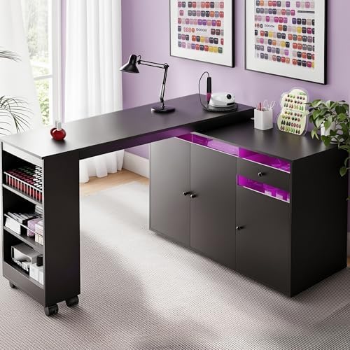L-Shaped Manicure Table with Large Storage & LED Light (Black) by HolaiNail
