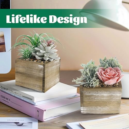 Der Rose 3 Pack Fake Succulents Plants in Wood Pots for Farmhouse Decor - Image 5