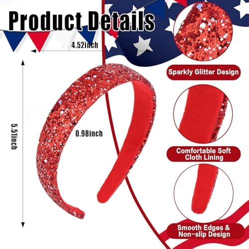 Headbands for Girls, 3 Pack Glitter Red White Blue Girls Headbands - Image 2