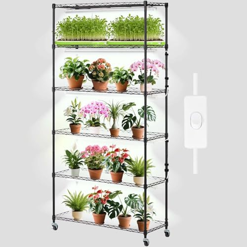 VEVOR DIY Plant Stand with Grow Light, 6-Tier Large Tall Plant Shelf with 192W 5000K Full Spectrum Grow Lights, Indoor Grow Light Shelf with Wheels for Seed Starting 29.5" L x 13.8" W x 70.9" H by VEVOR