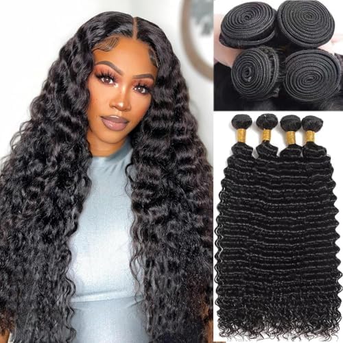 Deep Wave Human Hair Bundles 24 26 28 30 Inch Deep Wave Bundles 100% Unprocessed Brazilian Virgin Hair Curly Bundle Hair Extensions Real Human Hair Wavy Quick Weave Natural Black by Cenglou