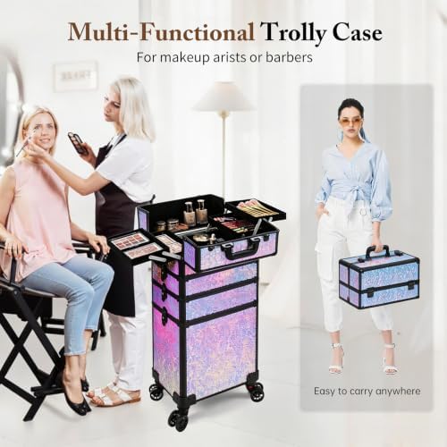 5 in 1 Rolling Makeup Train Case Professional Cosmetic Trolley Large Storage Organizer on Wheels for Hairstylist Artist Nail Beauty Salon Barber Shiny Purple - Image 6