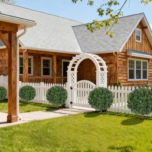 27.5" Artificial Boxwood Topiary Ball Tree, Set of 2 Fake Bushes Shrubs with Ground Spike, UV Resistant Faux Evergreen Boxwood Trees for Front Porch Planters Outdoor Garden Decor - Image 2