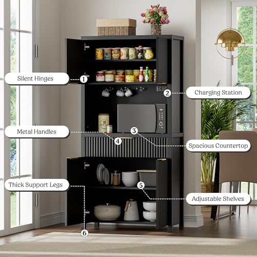 Lulive 71" Fluted Pantry Cabinet with Charging Station, Black - Image 5