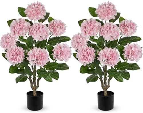 3FT Pink Hydrangea Artificial Flowers Tree 2 Pack Large Real Touch Faux Silk Hydrangea Plants Potted Fake Flower in Black Pot for Home Indoor Outdoor Front Porch Garden Entrance Living Room Decor by Hollyone