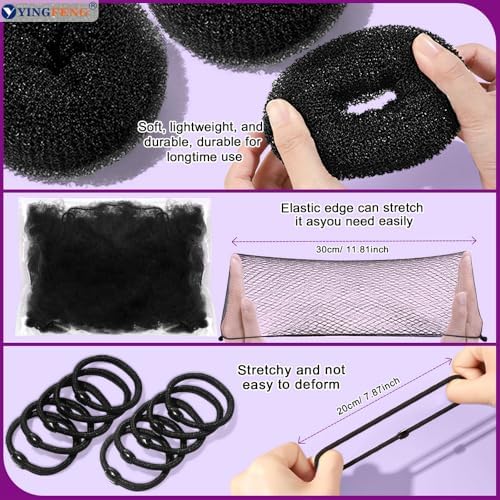 YINGFENG 134 Pcs Black Hair Bun Maker Kit Medium - 4 Bun Hair Pieces for Women, 20 Hair Net for Buns, 100 Bobby Pins for Women, 10 Hair Bands, for Ballet Styling, Hair Accessories for Girls - Image 7