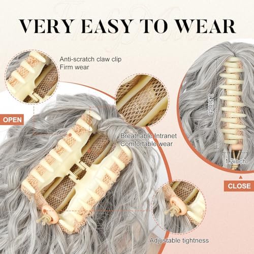 Flufymooz Ponytail Extension, 12" Short Claw Ponytail Extension Wavy Curly Jaw Clip in Pony tails Hair Extension Natural Synthetic Hairpiece for Women (Grey/Silver/White Mixed) - Image 4