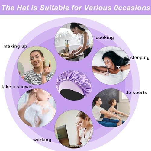 4PCS Silk Bonnet for Sleeping - Satin Bonnets for Black Women & Men, Elastic Wide Band Hair Wrap Cap for Curly Hair, Shower Cap (Black, Sapphire Blue, Pink, Purple) - Image 5