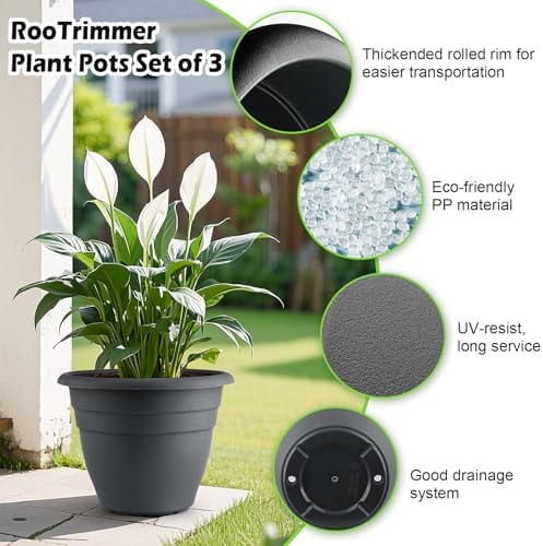 RooTrimmer 12 Inch Plant Pots, Large Planters for Outdoor Plants, Plastic Flower Pots - Durable and Lightweight with Drainage Holes (3 Packs, Gray) - Image 4