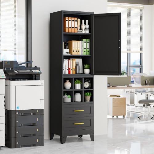 67" Tall Metal Pantry Cabinet, Narrow Freestanding Storage Cabinet, Black - Image 2