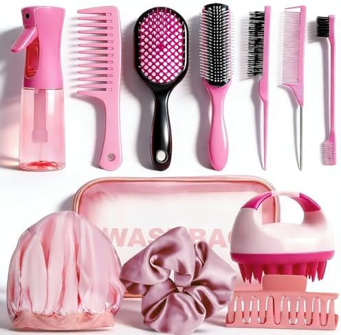 14Pcs Hair Brush Set with Sleep Bonnet,Detangle Hair Brush And Spray Bottle, 3 Pieces Smooth Hairbrush For Toddlers, Suitable For Wet and Dry Hairstyles, Suitable For Adults And Children (PINK) by Unknown