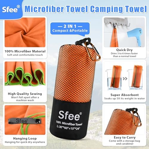 Sfee 2 Pack Microfiber Travel Towel, Quick Dry Camping Towel Large Beach Towel Super Absorbent Compact Lightweight Sports Gym Towels for Beach, Gym, Hiking, Pool, Backpacking, Bath, Yoga - Image 2