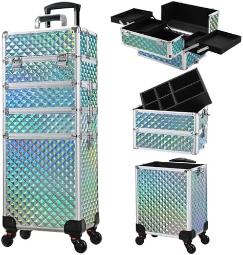 Stagiant Rolling Makeup Case Cosmetology Case on Wheels 4 in 1 Makeup Travel Case Large Cosmetic Organizer Storage with Key Swivel Wheels Nail Artist Salon Traveling Cart Trunk Watery Blue by Stagiant