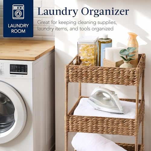 Best Choice Products 3-Tier Water Hyacinth Rolling Nursery Caddy w/Wheels, Utility Cart, Storage Organization for Bathroom, Craft Room, Laundry Room - Chestnut - Image 6