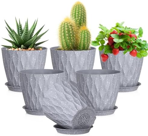 Meowell 5 inch Plant Pots for Indoor Outdoor Plants, 6 Pack Thick Flower Pots with Drainage Holes and Saucers, 3D Modern Wave Texture Small Plastic Planters Nursery Pots, Speckled Grey by Meowell