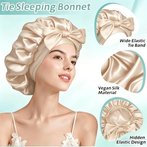 VECIIR Silk Bonnet for Sleeping Women，Hair Bonnet for Sleeping Silk Night Cap for Curly/Natural Hair Skin ‌Beige, Large - Image 5