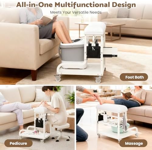 Adjustable Pedicure Foot Rest with PU Cushion, Mobile Cart & Storage - Image 2
