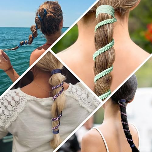 Elastic Hair Ties for Women, 25" No Tangle Spiral Hair Ties Damage-Free Pony Tail Wraps for Thick Long Hair Motorcycle Hair Accessories for Sports- Bike Riding Swim Skiing- Aqua/Navy Blue - Image 2