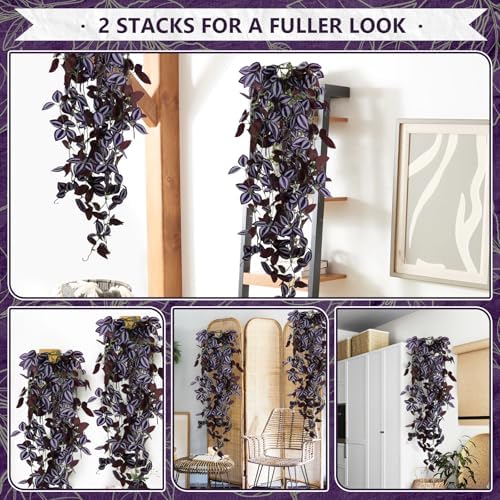 2-Pack Fake Hanging Plants, Faux Hanging Plant Artificial Greenery for Living Room Bedroom Boho Wall Shelf Indoor Outdoor Decor (Purple-Eyed Hairy Leaf) - Image 5