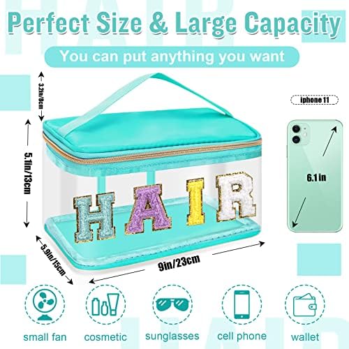 Chenille Letter Clear Makeup Bags Hair Pouch, Preppy Patch Makeup Bag Zipper with Handle, Transparent PVC & Nylon Waterproof Glitter Cosmetic Handbag Travel Toiletry Storage for Women Girl(HAIR-Green) - Image 2