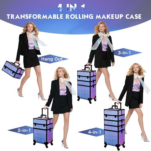 Stagiant Rolling Makeup Case Cosmetology Case on Wheels 4 in 1 Makeup Travel Case Extra Large Cosmetic Box with Key Make Up Artist Traveling Storage Nail Case Salon Barber Cart Trunk Shiny Purple - Image 4
