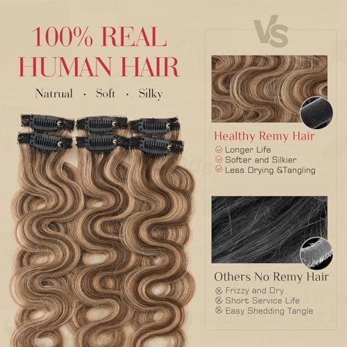 Rich Choices Clip In Hair Extension Real Human Hair-Wave/Curly 6 Pcs Single Clip Hairs Extension for Women-Invisible Mini Clips in Hairpieces-16 Inch #4P27 Medium Brown Highlighted Dark Blonde - Image 4