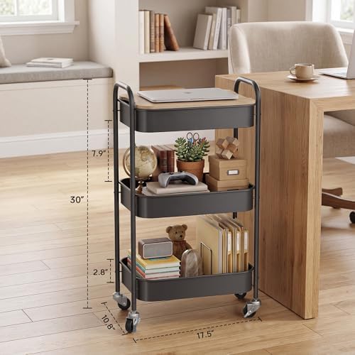 DTK 3 Tier Rolling Cart with Wheels, Heavy Duty Metal Utility Cart, Mobile Storage Organizer with Lockable Casters, Multi-Purpose Rolling Cart for Nursery, Bathroom, Kitchen, Office, Classroom - Image 2