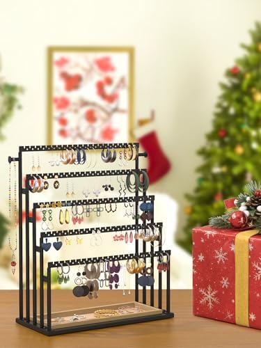 Earring Holder Organizer, 5-Tier Step Jewelry Display Stand with Metal Frame and Wooden Storage Organizer, Large Earring Holder for Studs, Hoops, Dangles, Modern Jewelry Organizer for Women - Image 6