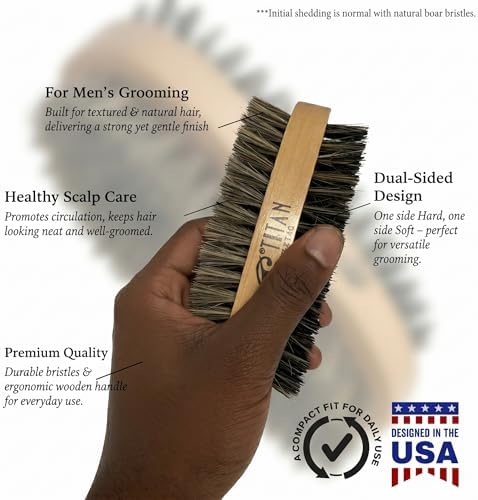 TITAN Double Sided Military Hair Brush – Soft & Hard Boar Bristle Wave Brush for Men – Dual-Sided Palm Brush with Wooden Handle for 360 Waves, Beard, and Hair Grooming - Image 3