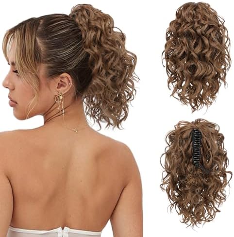 Flufymooz Ponytail Extension, 12" Short Claw Ponytail Extension Wavy Curly Jaw Clip in Pony tails Hair Extension Natural Synthetic Hairpiece for Women(Dirty Blonde) by Flufymooz