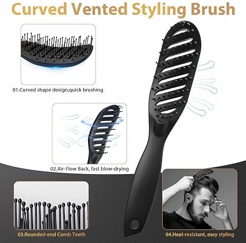 Hair Brush for Men, DUAIU 7Pcs Combs for Men, Hair Styling Comb Set with Vent Hair Brushes, Quiff Round Hair Brush, Wide Tooth Combs, Texture Comb for Blow Drying, Detangling, Grooming, Hairdressing - Image 2