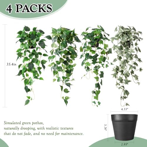 Artificial Hanging Plant with Pots, Fake Pothos Plant for Indoor Outddor, Set of 4 Trailing Faux Potted Plants, Fake Ivy Vines Greenery for Bedroom Kitchen Office Decor, Green White 33In - Image 2