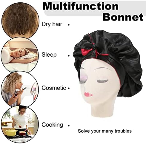 Satin Bonnet Silk Sleep Cap Hair Bonnets for Black Women Stretchy Tie Band for Curly Hair Wrap(Black+Red) - Image 5