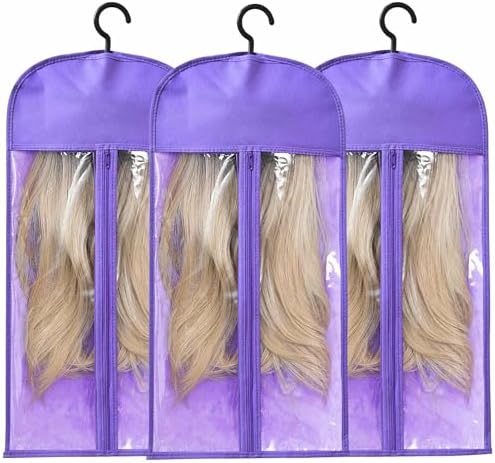 3-PCS Wig Storage Bags with Hangers – Premium Hair Extension Organizer for Multiple Wigs, 60cm x 30cm Dust-Proof Closet Savers (Purple) by KneysanMakeYourLifeBetter