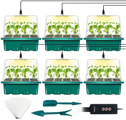 6-Set Seed Starter Tray with Grow Light, Seed Starting Trays Kits with Timing Controller Adjustable Humidity Domes Heightened Lids(12-Cells Per Tray) by LYDTICK