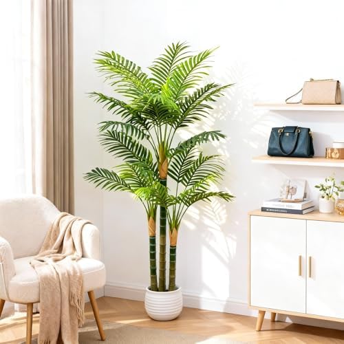 6FT Tall Golden Cane Artificial Palm Tree, Large Faux Palm Tree with 3 Textured Trunks, Outdoor Artificial Plants, Fake Tree for Indoor Office Living Room Outside Patio. - Image 3