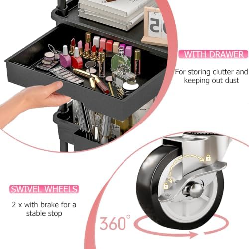 REBECAT 3 Tier Rolling Makeup Cart Cosmetic Display Organizer with Drawer - Image 5