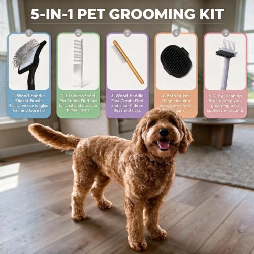 5-Piece Dog Slicker Brush Grooming Kit, Comfort Grip Classic Black - Image 4