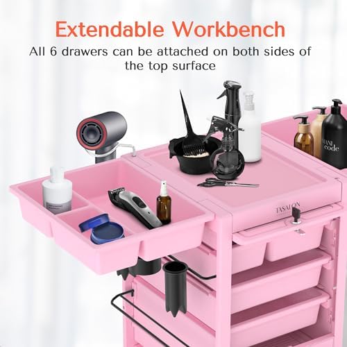 TASALON Pink Lockable Salon Cart with Wheels, Beauty Salon Station Trolley with 6 Drawers & Heat-Resistant Tool Holders, Rolling Barber Organizer for Hair Stylist, Spa & Tattoo Studio - Image 5