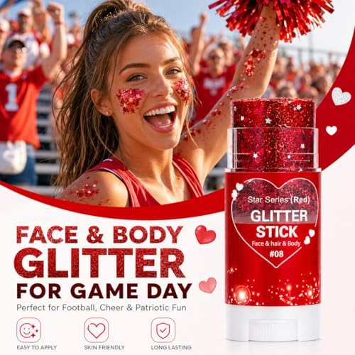 Red Hair Glitter Stick, Face Body Glitter Stick Makeup for Women Girls, School Spirit Week Game Day Cheer Football Accessories, Chunky Shimmer Sequins for Halloween Costume, Concert Festival - Image 2