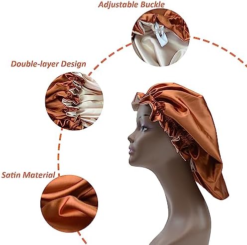 Silk Bonnet for Sleeping Satin Bonnets Double Layer Reversible Hair Cap Bonnet for Women Long Curly Braid Hair (Copper) - Image 3