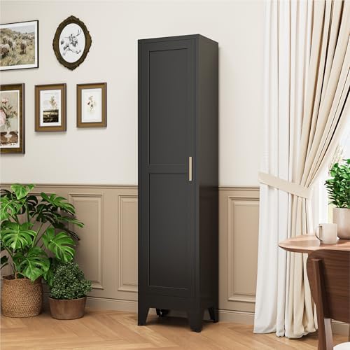 YAUWOH White Narrow Metal Storage Cabinet, Tall Freestanding Cabinet with 4 Adjustable Shelves & Barn Doors, Pantry Organizer for Bathroom Kitchen Home Office Dining Room（1PC,Black） - Image 2