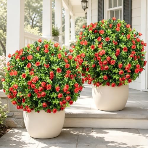 25.6'' Artificial Boxwood Topiary Plants with Red Flowers, 2 Set with Spike by Unknown