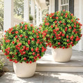 25.6'' Artificial Boxwood Topiary Plants with Red Flowers, 2 Set with Spike by Unknown