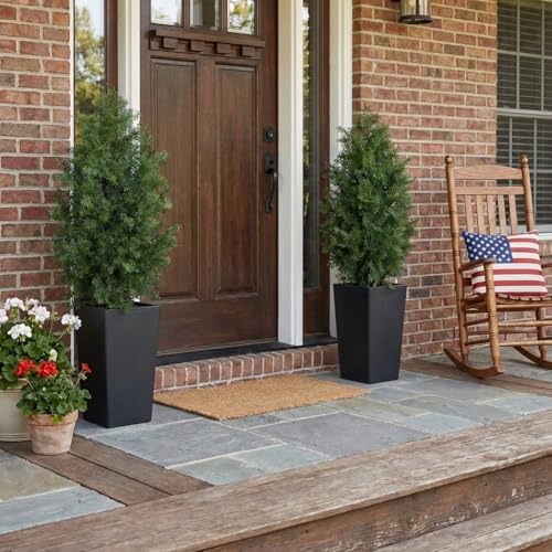 Aveyas 4ft Artificial Cedar Topiary Trees, 4 Feet Faux Potted Plants Evergreen Fake Pine Cypress Tree for Outdoor Porch Home Outside Door Decor (4 ft Tall Including Raised Pot) - Set of 2 Pack - Image 4