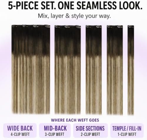 LaaVoo Clip in Hair Extensions Real Human Hair Balayage Hair Extensions Clip ins Darkest Brown Ombre Mix Ash Brown Blonde Human Hair Clip in Extension 16 Inch 5pcs 80g - Image 5