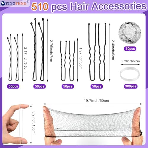 510PCS Black Bobby Pins Hair Pins Kit with Hair Net, YINGFENG Includes 100 Bobby Pins for Women, 100 U-Shaped Buns Hair Clips, 300 Hair Bands and 10 Black Hair Nets, Dance competition must haves - Image 3