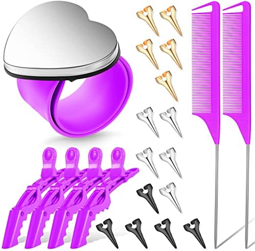 22 Pieces Magnetic Wrist Sewing Pincushion with Braiding Tools, Stainless Steel Pintail Rat Tail Comb, Wide Teeth Alligator Sectioning Clip, and Hair Parting Ring for Hair (Purple) by Patelai